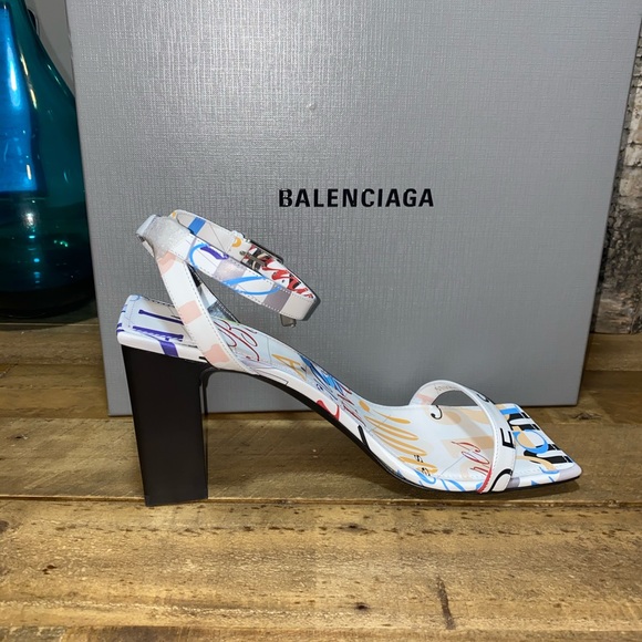 Balenciaga Block Heel Printed Ankle Wrap Sandals - Picture 12 of 13